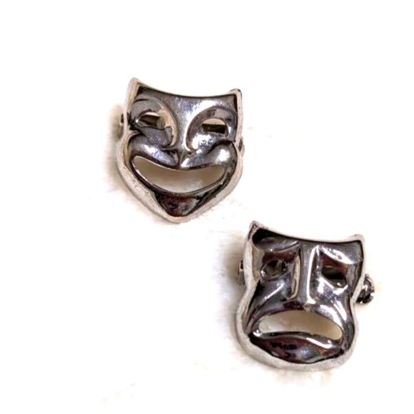 Vintage 70's Rhodium Plated Comedy and Tragedy Small Scatter Pins - Picture 9 of 11